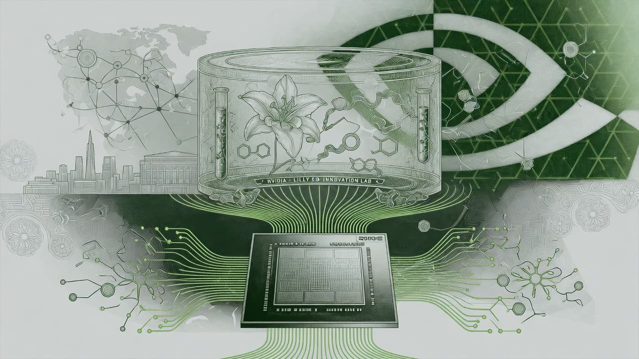 Cover illustration for NVIDIA–Lilly $1B Co-Innovation Lab — Silicon Married to the Wet Lab