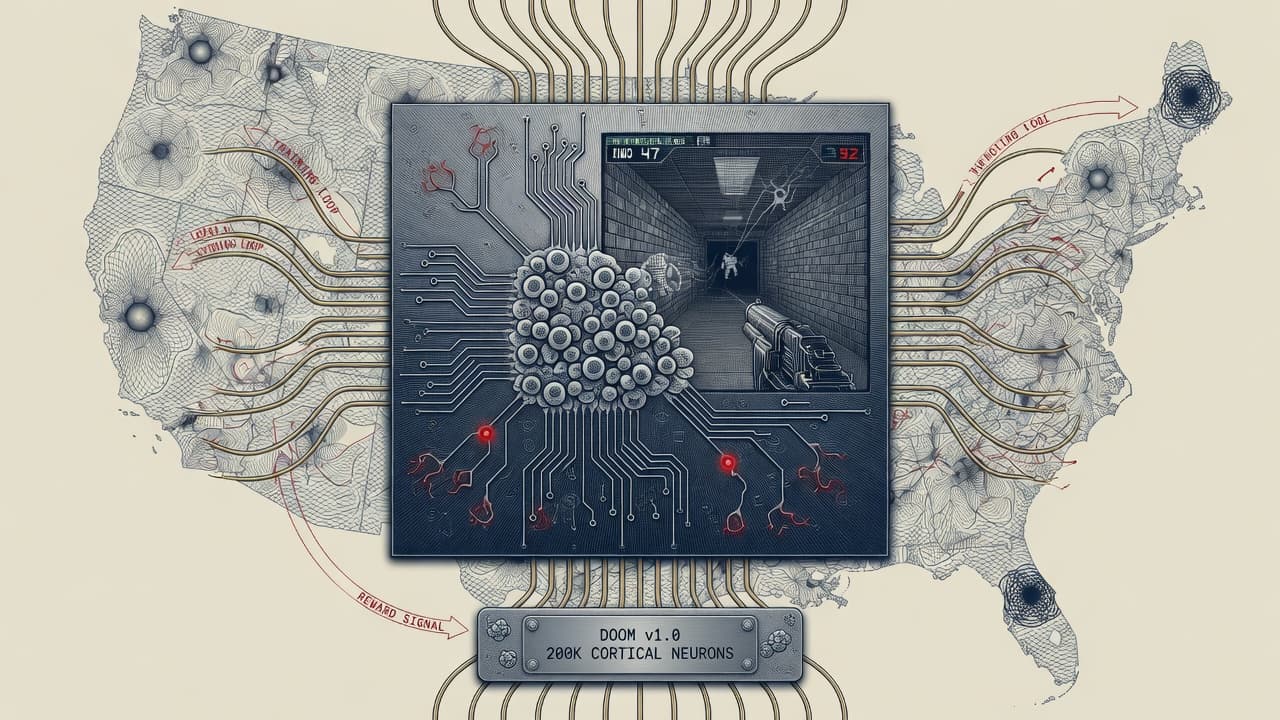 Cover illustration for Dish of Neurons Plays Doom — Wetware Demo, Not AGI