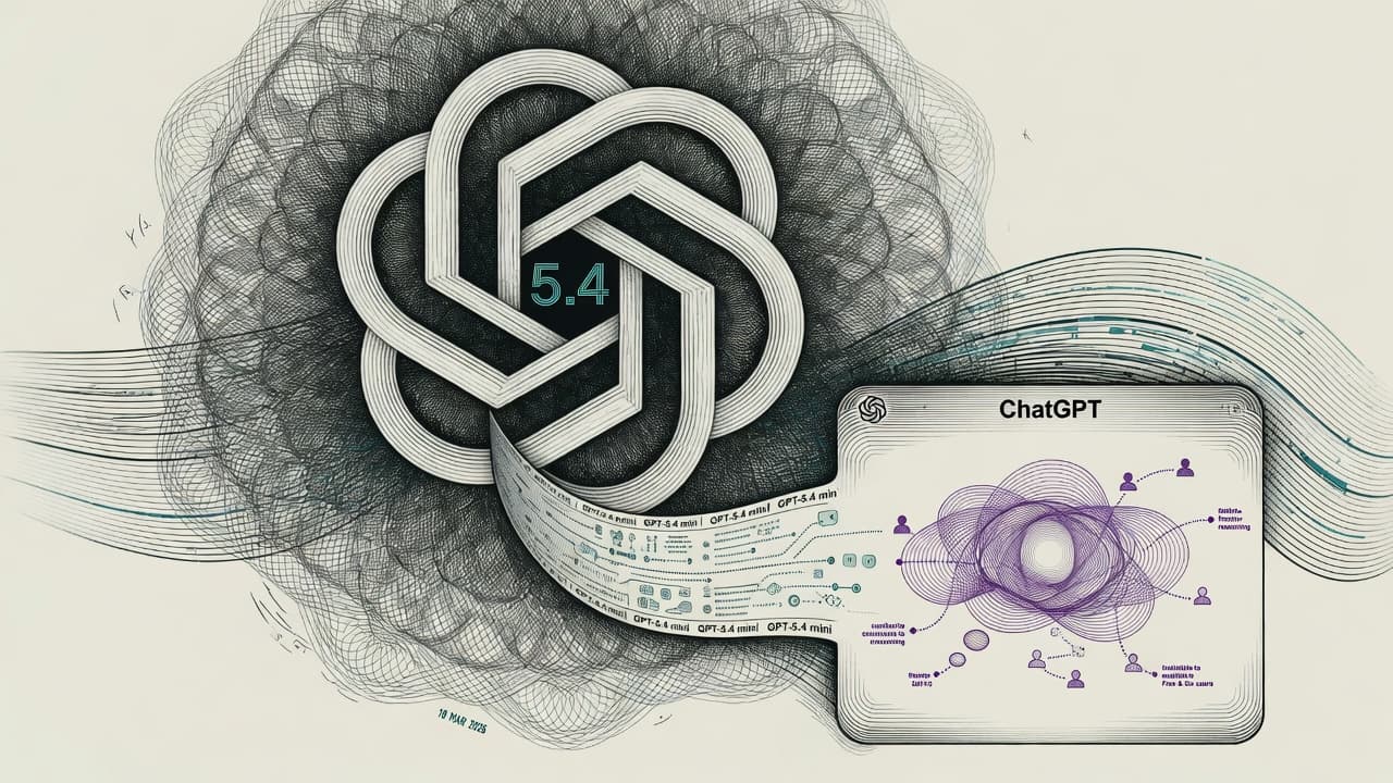 Cover illustration for GPT-5.4 Mini Hits ChatGPT Free/Go — Efficiency Tier, Lab Benches