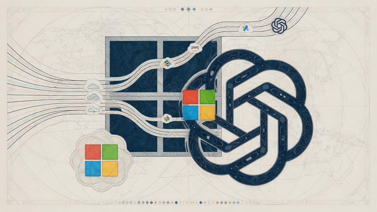 Cover illustration for Microsoft–OpenAI Amend: Multi-Cloud Rights, Capped Revenue Share, Non-Exclusive IP