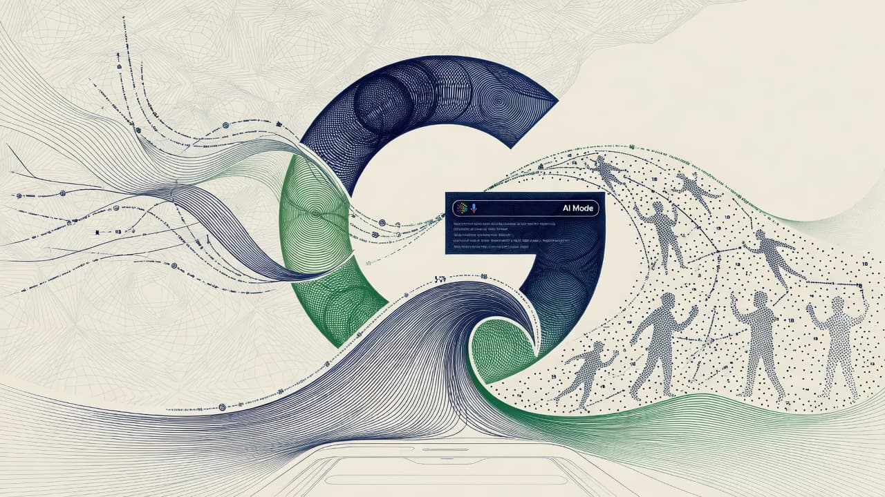Cover illustration for Google’s First AI Mode Numbers: 1B MAU, Queries 3× Longer — Vendor Scale, SEO Shock