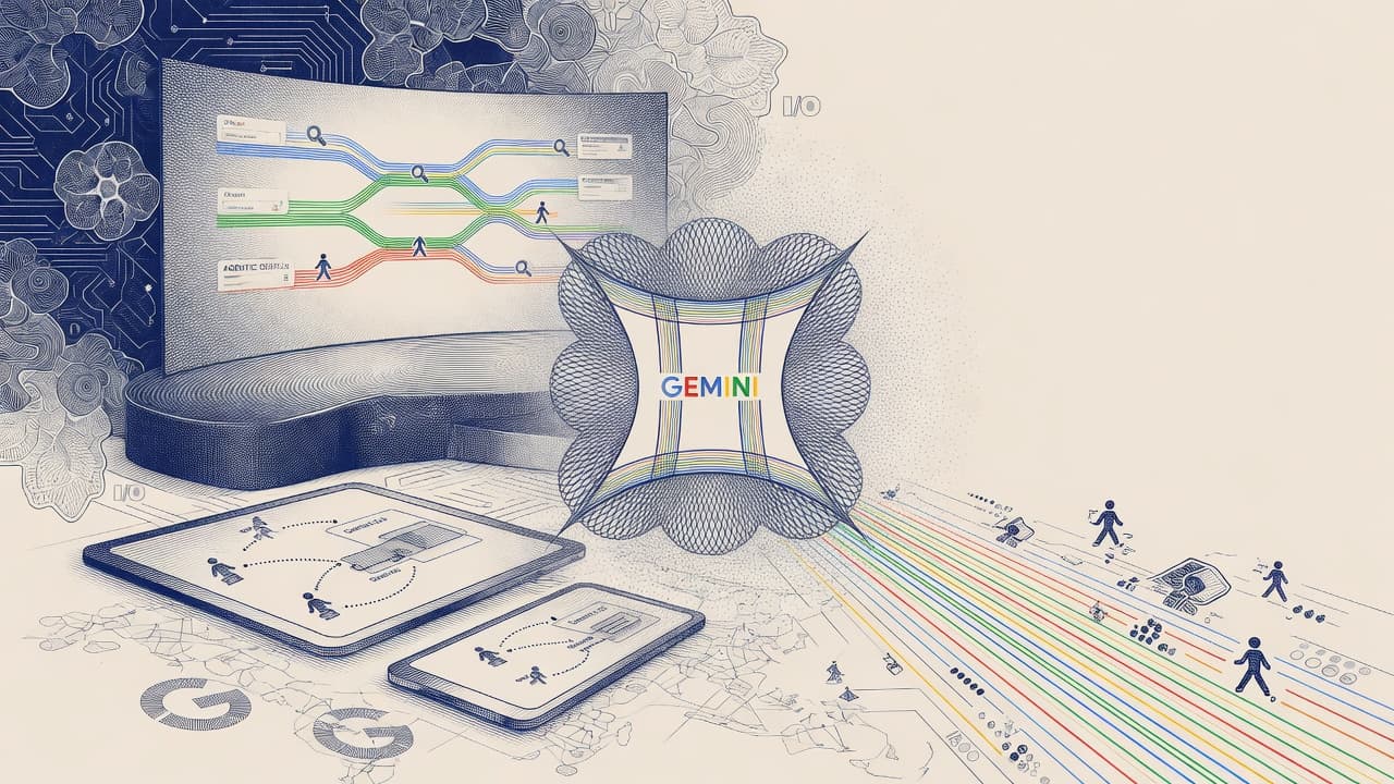 Cover illustration for I/O 2026: Google Sells the Agentic Gemini Era — Models Plus Distribution