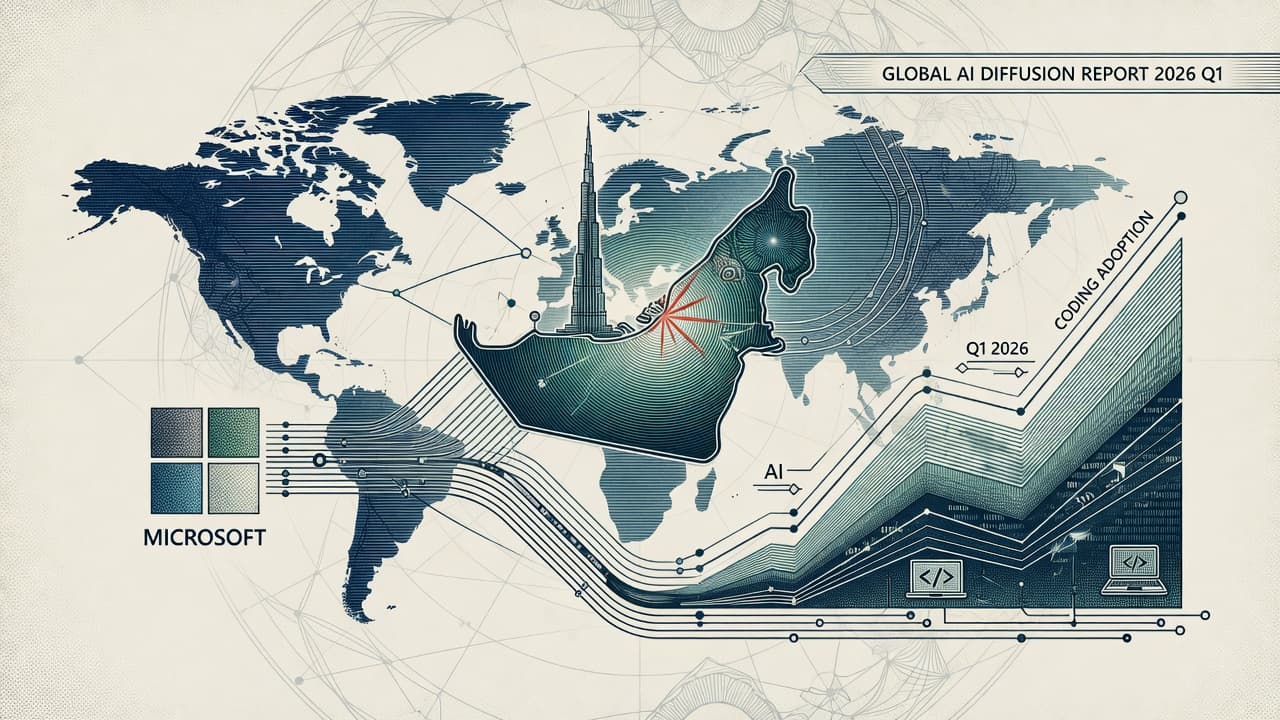 Cover illustration for Microsoft Diffusion Q1: 17.8% Global AI Use — UAE 70%, Coding Pushes +78% YoY