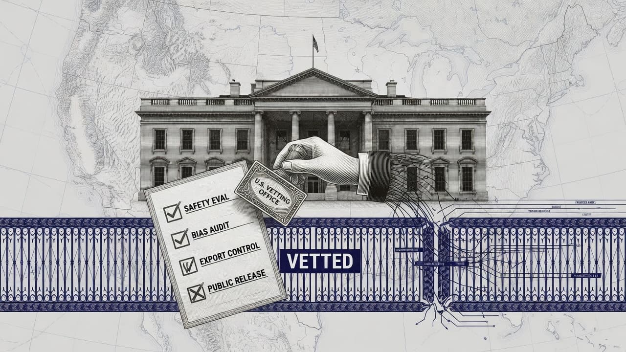 Cover illustration for White House Weighs Pre-Release AI Model Vetting — Pivot Talk, Not a Signed EO