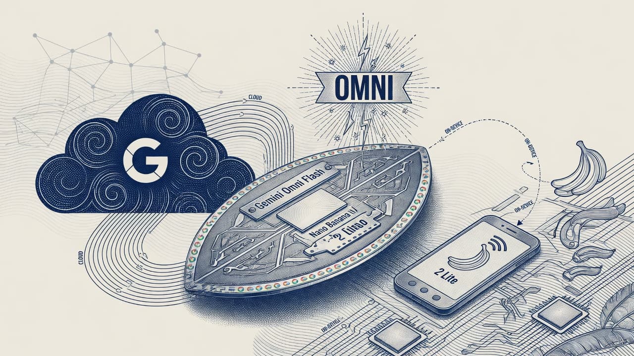 Cover illustration for Gemini Omni Flash and Nano Banana 2 Lite: Media Stack, Not Another Text Frontier GA