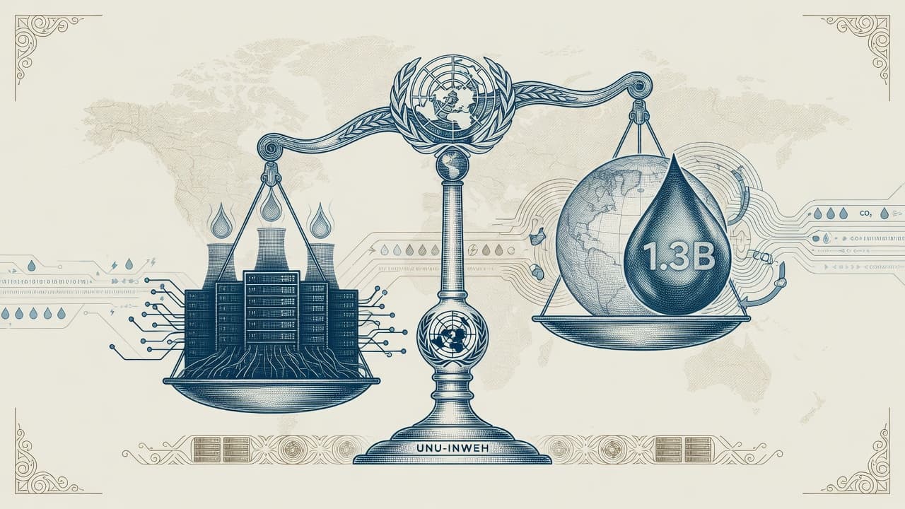 Cover illustration for UNU-INWEH: AI Infrastructure Footprints Are Water and Land—Not Only Carbon
