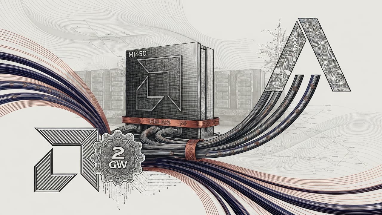 Engraved AMD and Anthropic partnership plate: Helios rack silhouette and Claude geometric mark woven into guilloché power and data pathways for the 2 GW MI450 compute deal.