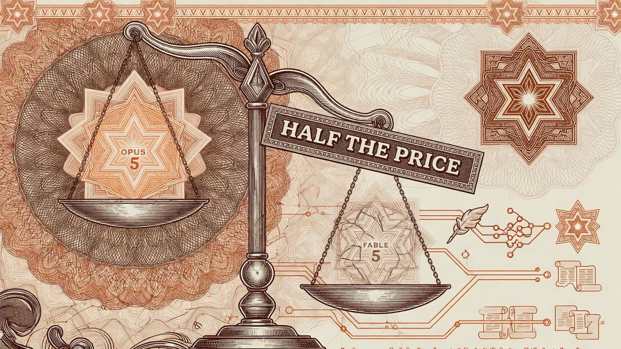 Engraved Claude geometric mark as a fifth-generation Opus seal with agent-workflow lines and a half-price scale motif versus a Fable crest.