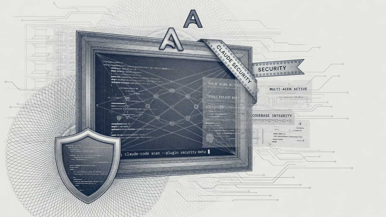 Engraved terminal and shield motif with Claude Code security scan lattice for the July 22 Claude Security plugin beta.