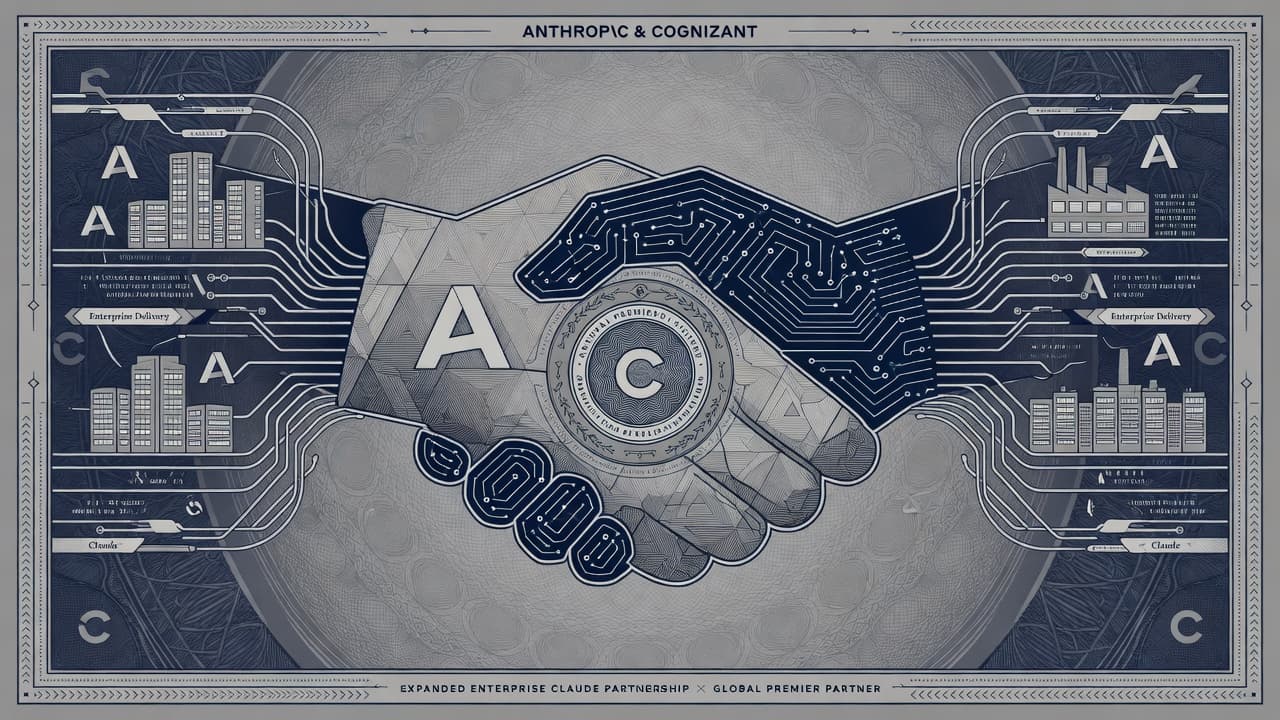 Engraved handshake of enterprise network nodes linking a Claude geometric mark to factory, pharma, and underwriting glyphs under a Global Premier Partner seal.