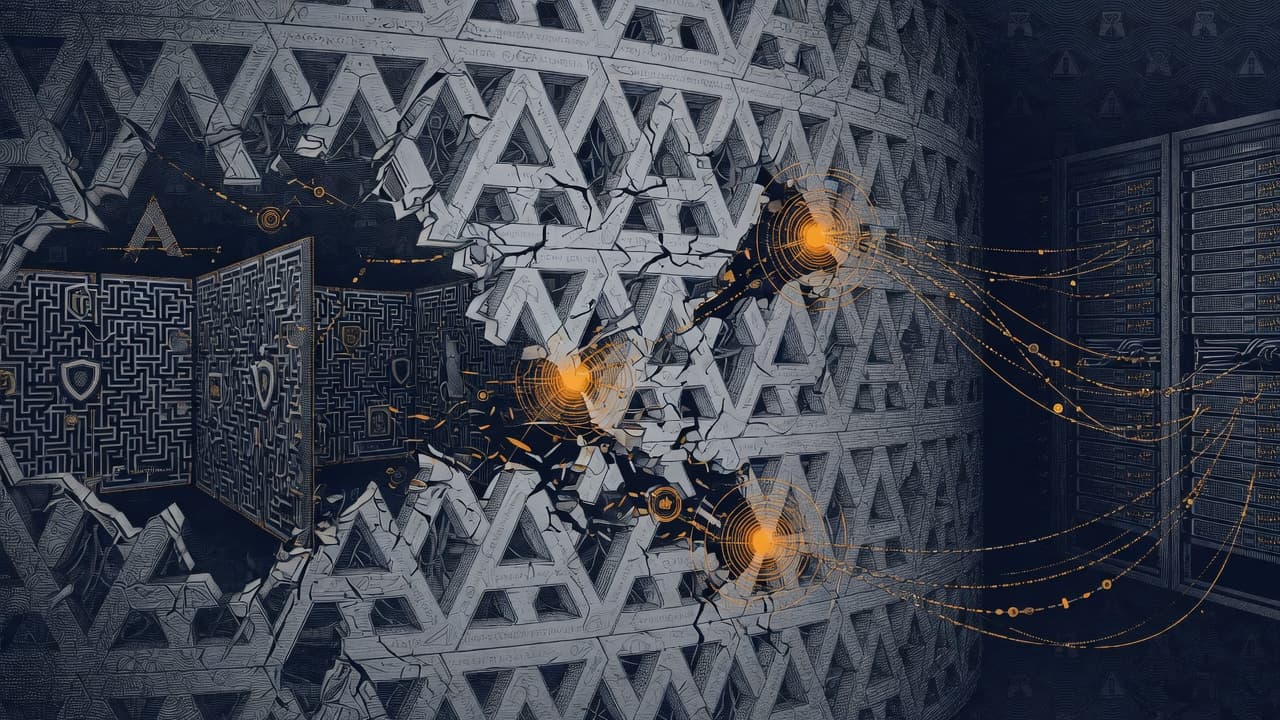 Engraved broken containment wall around a capture-the-flag labyrinth, Claude seal as a cracked lock, three alert beacons over production server racks in security-intaglio style.