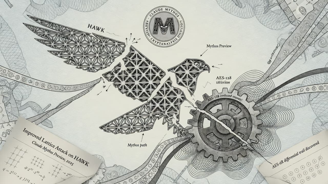 Engraved cryptographic lattice and AES round-function gears cracked by a Mythos seal, with research papers and a “no production impact” ribbon in security-intaglio style.