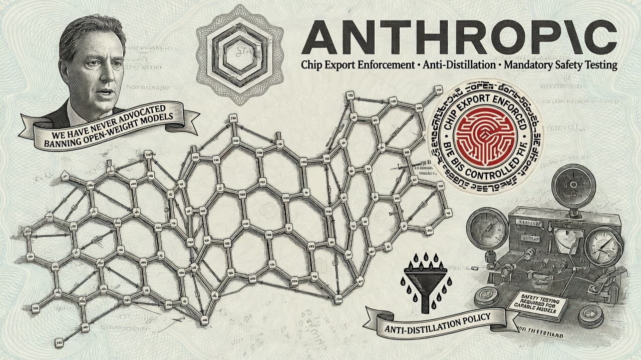 Engraved open-weight lattice of interlocking model glyphs with a clear “no ban” seal motif beside export-control and safety-testing instruments, Anthropic geometric mark integrated into the guilloché field.