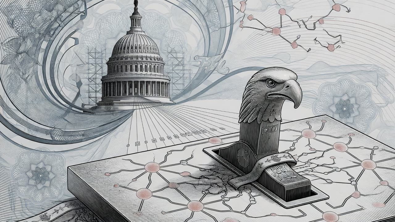 Engraved U.S. Capitol and circuit-break silhouette with AI model nodes under a regulatory switch motif for the House DHS AI shutdown-authority bill.