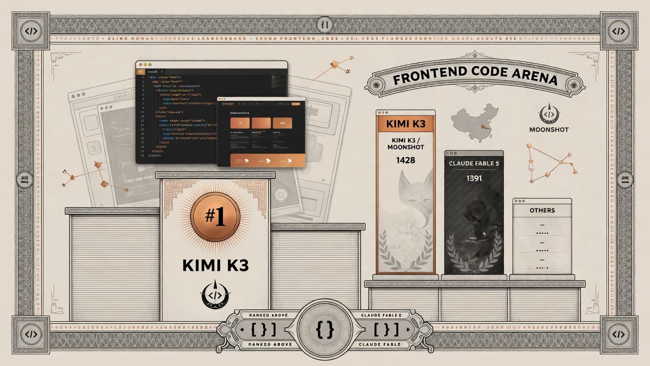 Cover illustration for Kimi K3 #1 on Frontend Code Arena—Preference Proof Above Fable, Not Overall Crown
