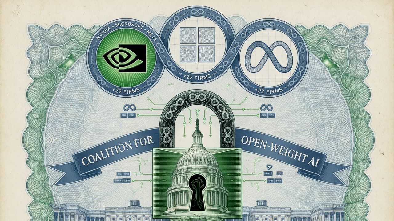 Engraved open lock and weight glyphs shared by Nvidia, Microsoft, and Meta seals against a Capitol outline for the open-weights policy letter.