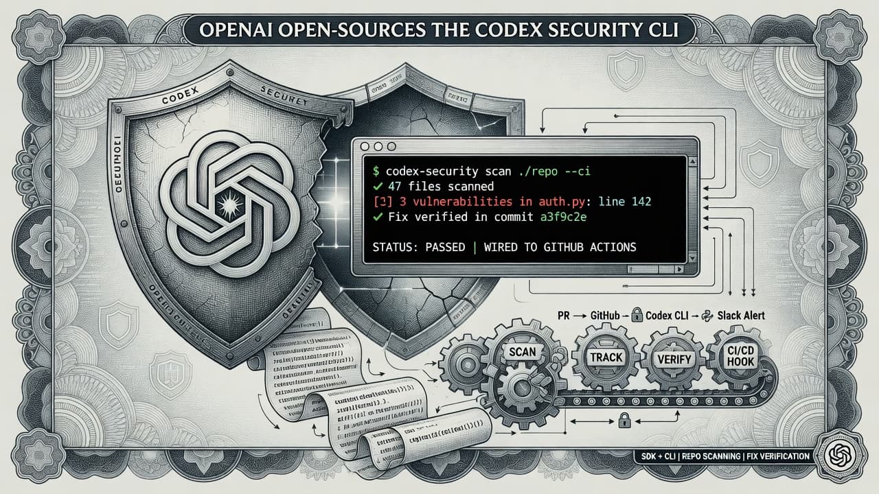 Engraved terminal window running a security scan over a code lattice, OpenAI mark as a shield-seal, CI pipeline gears verifying fixes in intaglio linework.