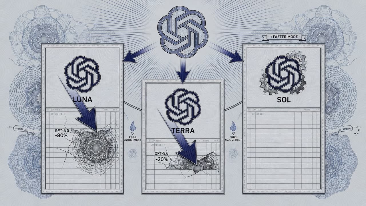 Engraved three-tier price ledger (Sol, Terra, Luna) with Luna and Terra figures struck downward by a guilloche OpenAI seal, efficiency gears under Sol.