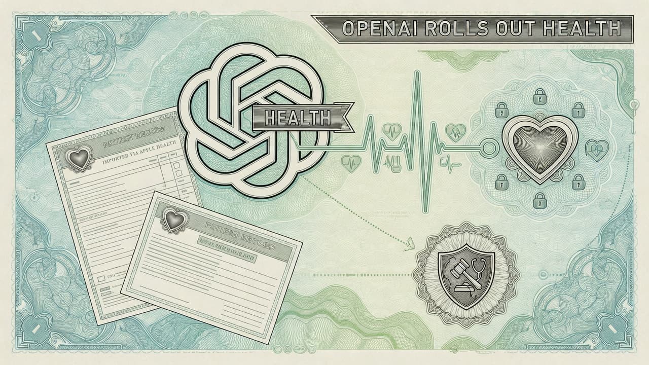 Engraved medical chart and heart-monitor line woven with ChatGPT geometry and a privacy vault motif for the U.S. Health in ChatGPT rollout.