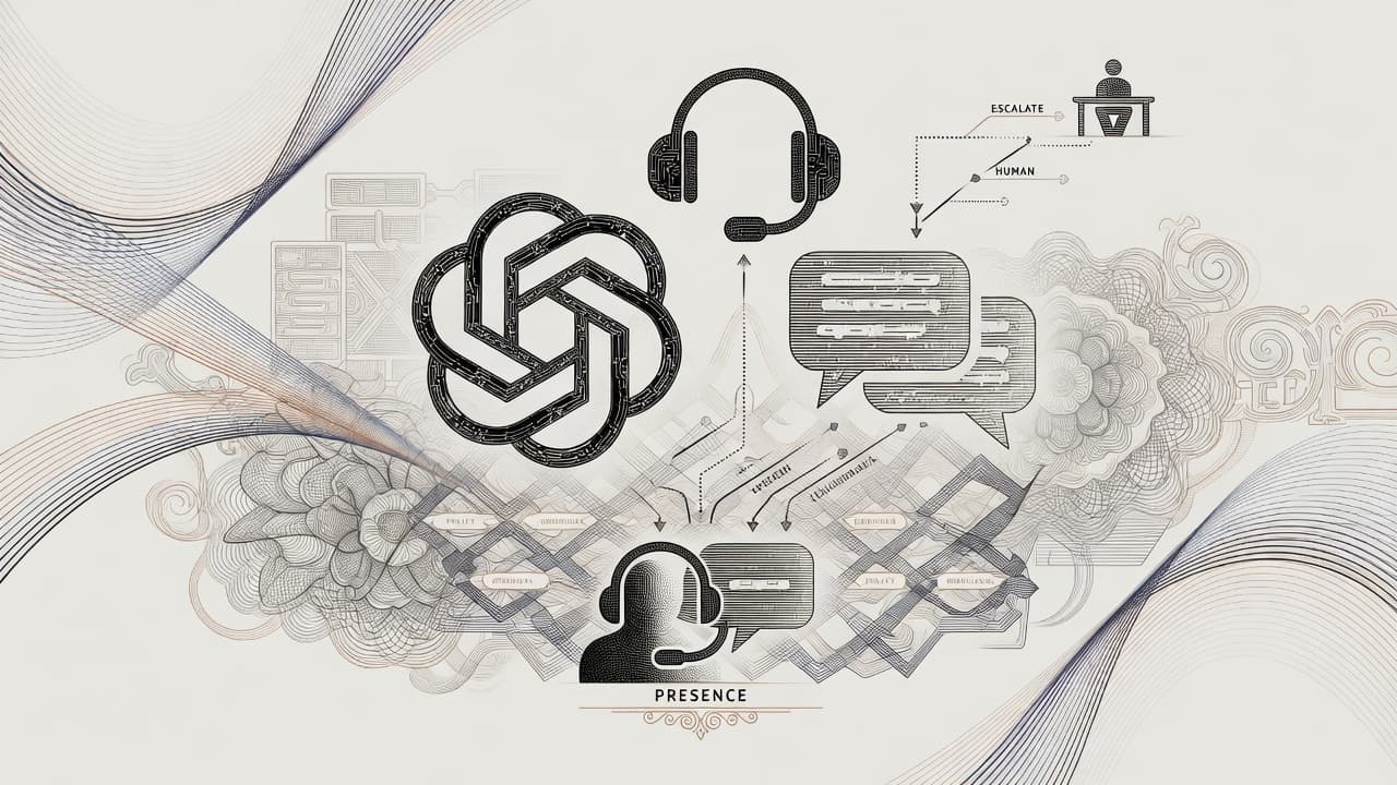 Engraved OpenAI Presence interface metaphor: voice and chat agent pathways with policy guardrails and escalation nodes in security-engraving linework.