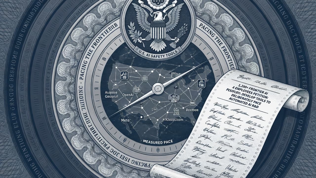 Engraved global gear dial of frontier AI labs with a measured pace hand and U.S. governance seal, signatures forming a guilloché ring of researchers.