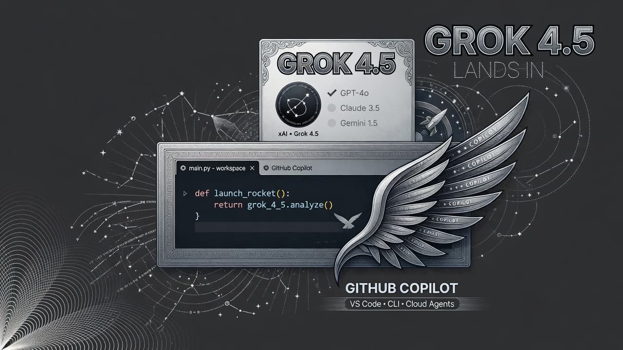 Engraved VS Code window with GitHub Copilot wing mark selecting a Grok 4.5 constellation from a multi-model picker dial.