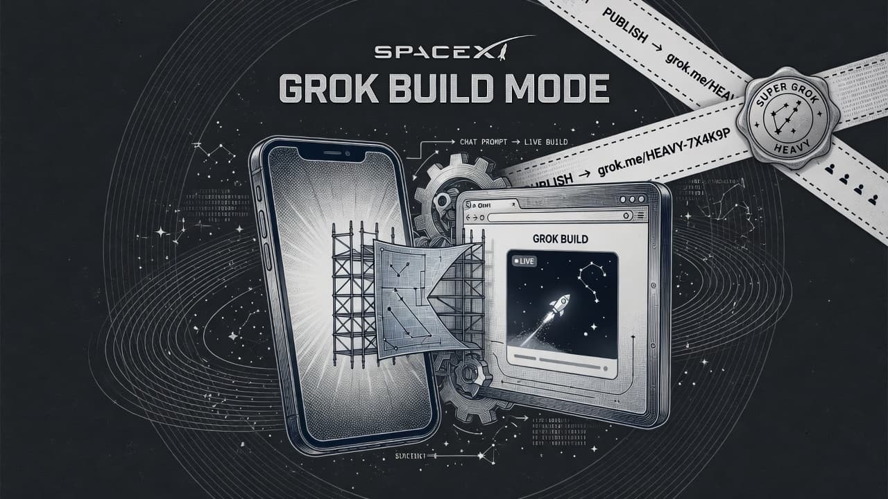 Engraved smartphone and browser window birthing a live app from a Grok constellation, with grok.me share-link ribbon and SuperGrok Heavy seal.