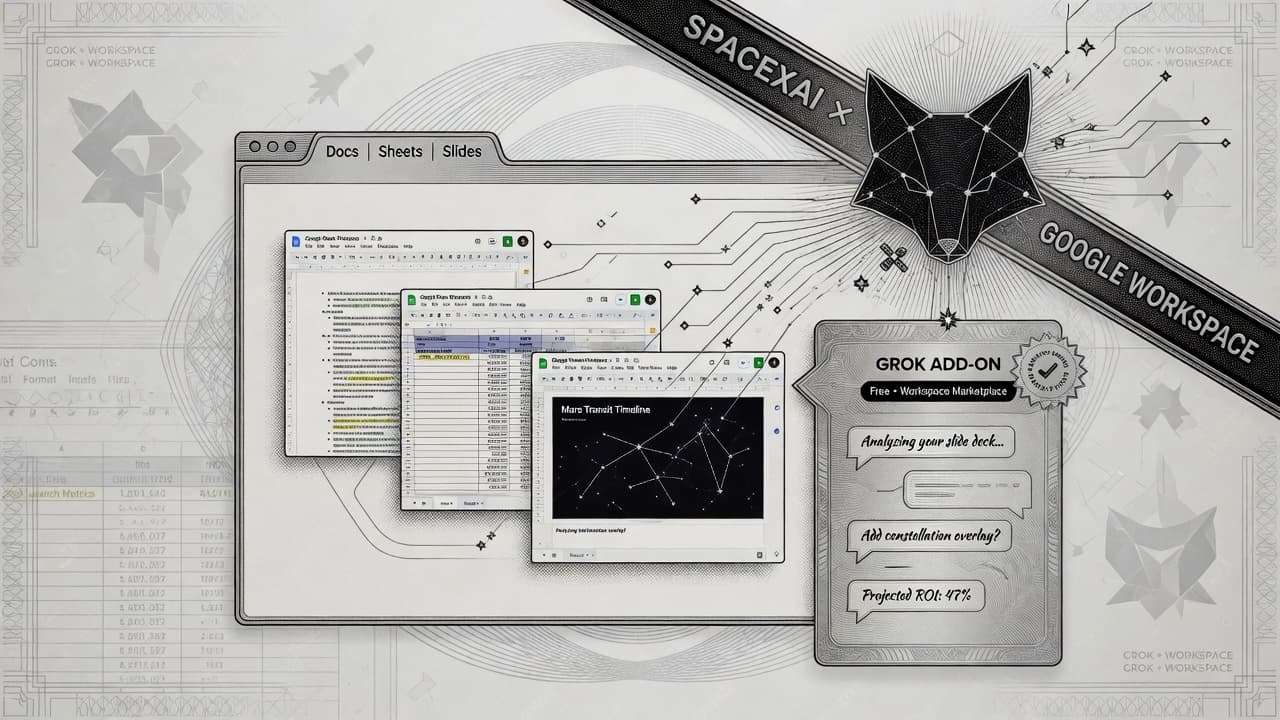 Engraved Google Sheets, Slides, and Docs windows with a Grok constellation sidebar add-on, Marketplace badge, and formula/deck/document glyphs in security-intaglio style.