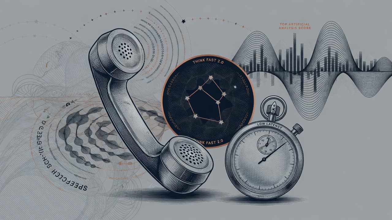 Engraved waveform and telephone handset converging into a Grok constellation seal, with a stopwatch at 0.70 seconds and speech-to-speech lattice lines.