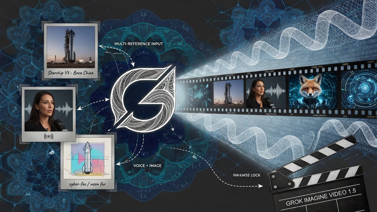 Engraved film clapper and multi-reference photo frames feeding a 1080p reel, Grok Imagine seal as a projector lens in security-engraving linework.