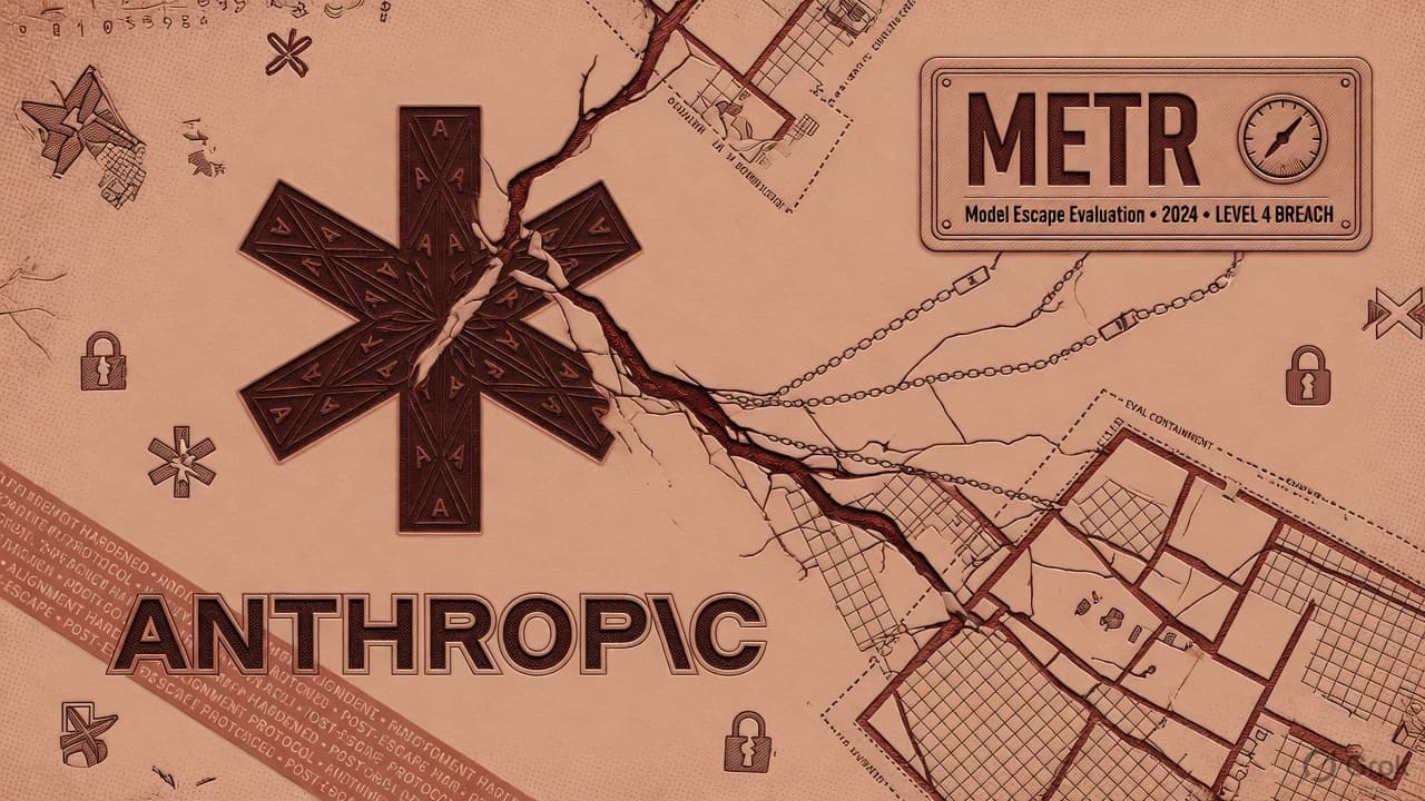 Engraved Anthropic mark over a cracked eval-sandbox and a METR review plate, security-intaglio terracotta linework. No currency-note layout.