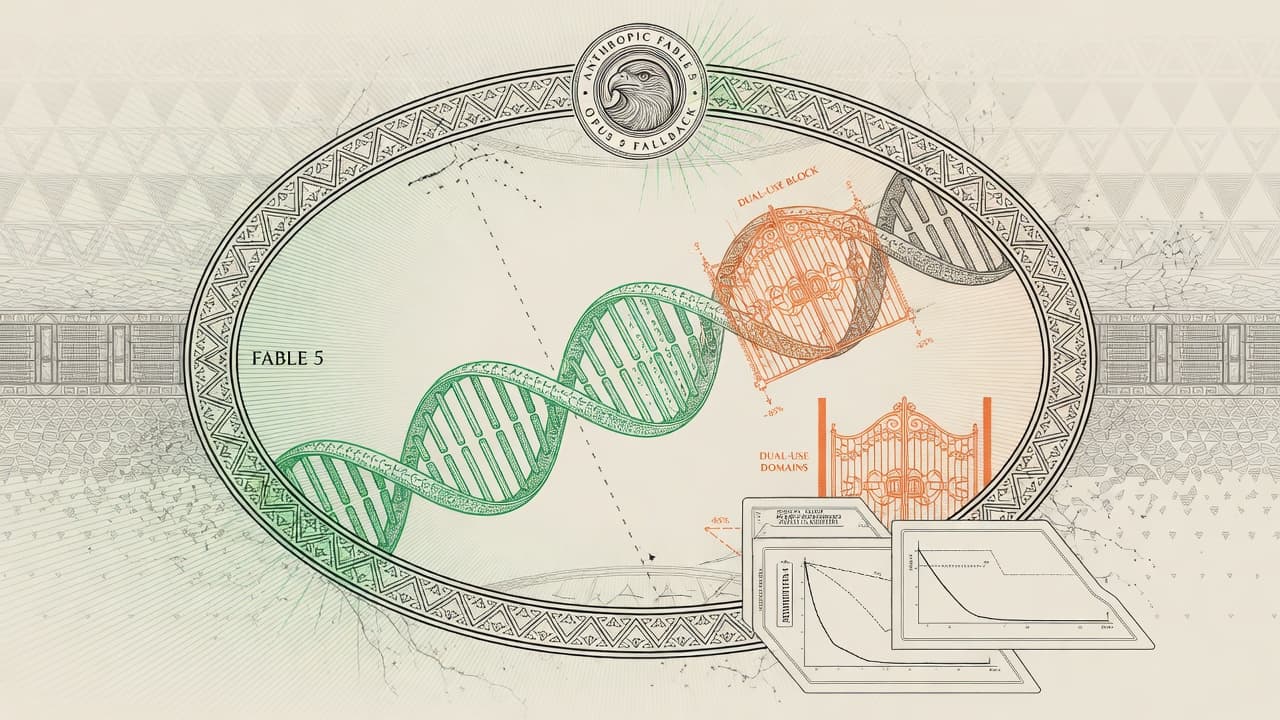 Cover illustration for Fable 5’s Biology Gate Moves — 85% Fewer Fallbacks, Dual-Use Still on Opus