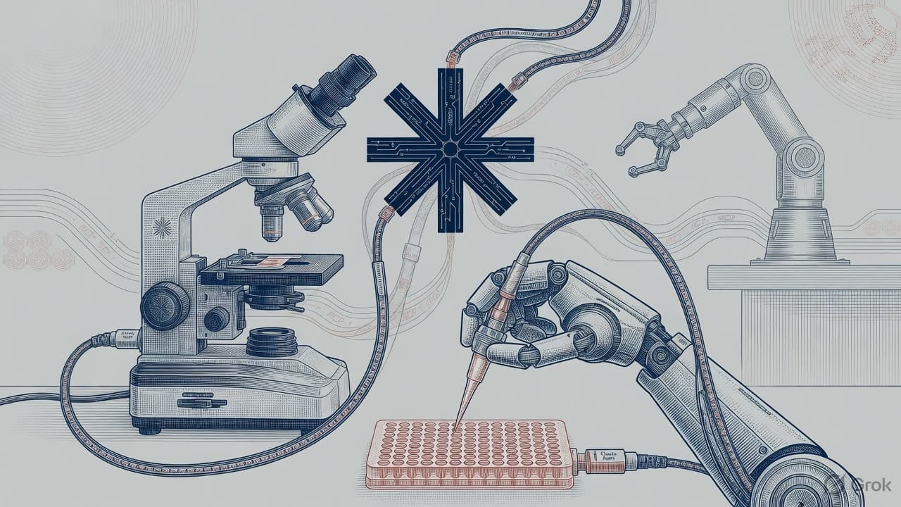 Engraved Anthropic mark over a microscope, liquid-handler, and robot-arm plate linked by MCP driver lines, security-intaglio terracotta linework. No currency-note layout.