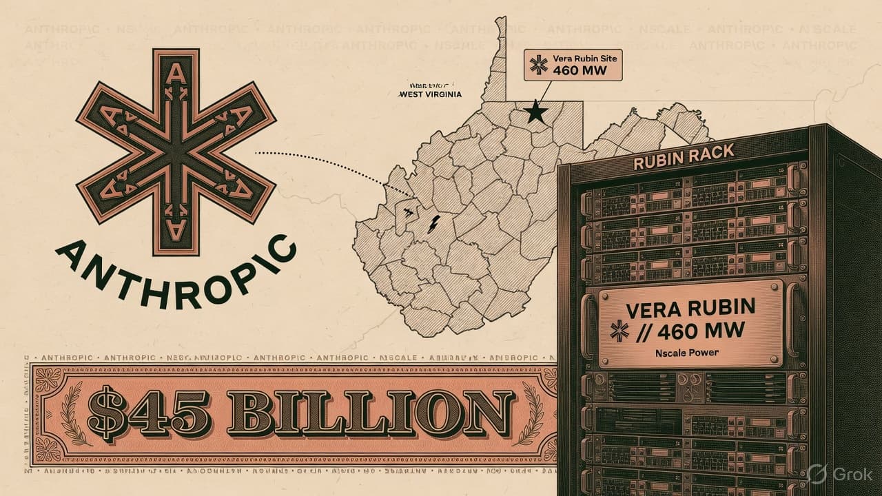 Engraved Anthropic mark over a West Virginia map silhouette and a Vera Rubin rack plate marked 460 MW, security-intaglio terracotta linework. No currency-note layout.