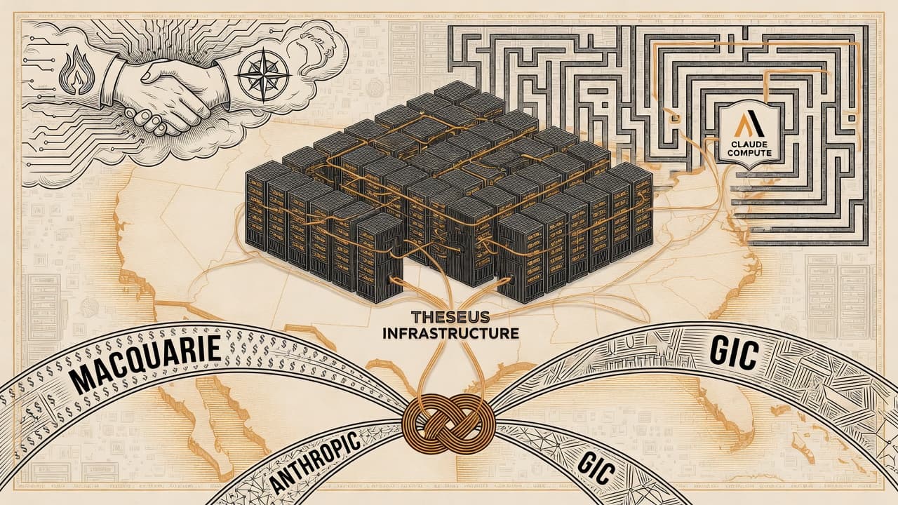 Cover illustration for Theseus Packages Sovereign Capital Around Anthropic — With a Power-Bill Shield
