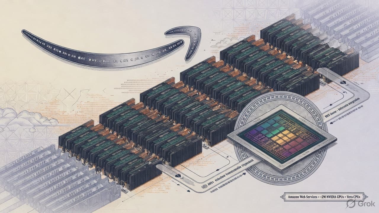 Engraved Amazon smile-arc over a two-million GPU rack farm and a Vera CPU die, security-intaglio orange-green linework. No currency-note layout.