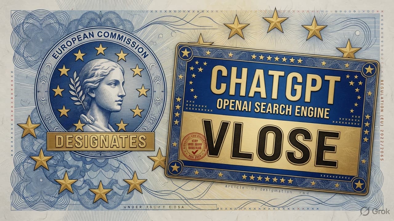 Engraved EU stars over a ChatGPT search plate marked VLOSE, security-intaglio blue-gold linework. No currency-note layout.