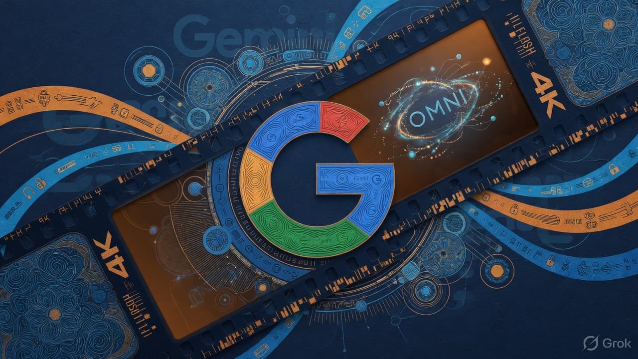 Engraved Google G over a film-strip and 4K frame-interpolation plate, security-intaglio blue-amber linework. No currency-note layout.