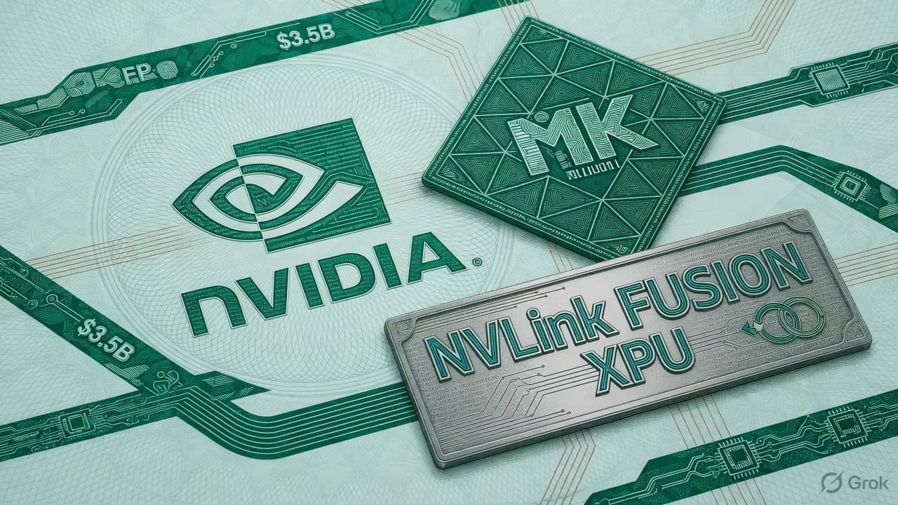 Engraved NVIDIA mark interlocking with MediaTek geometry over an NVLink Fusion XPU plate, security-intaglio green-teal linework. No currency-note layout.
