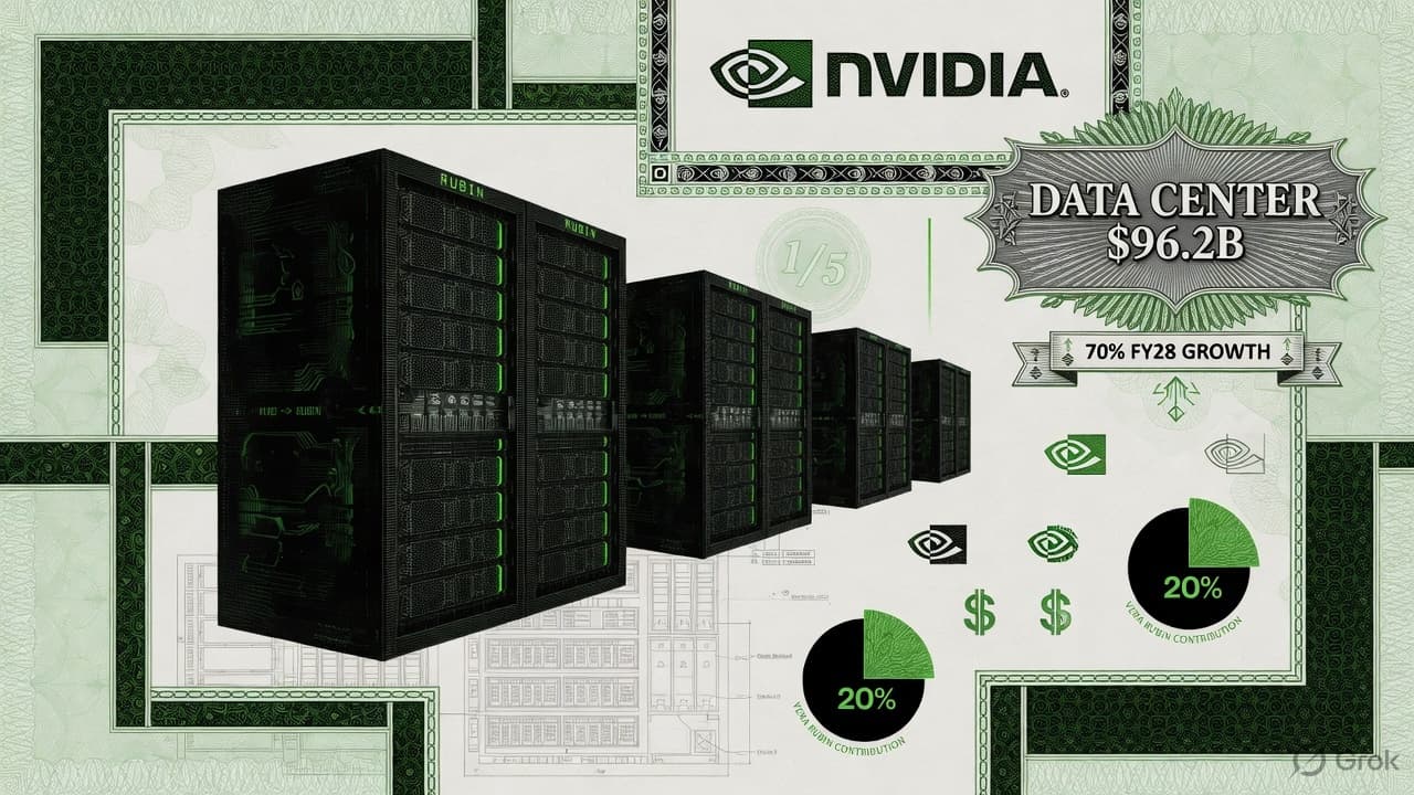 Engraved NVIDIA mark over a Rubin rack and a $96 billion earnings plate, security-intaglio green-black linework. No currency-note layout.