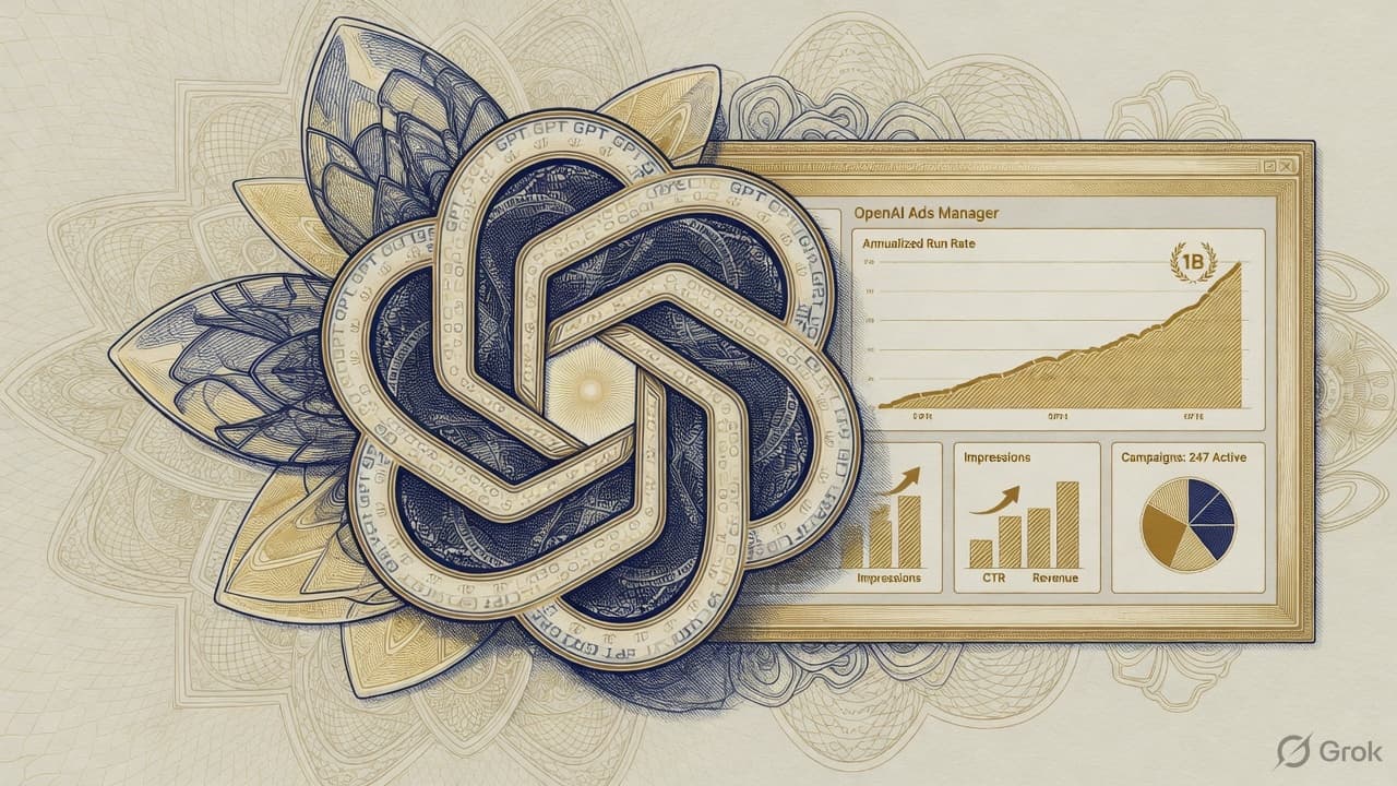 Engraved OpenAI blossom over an ads-manager dashboard plate marked $1B ARR, security-intaglio slate-gold linework. No currency-note layout.