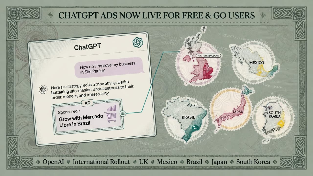 Cover illustration for ChatGPT Ads Leave the U.S. Test — Five Markets, Paid Tiers Still Clean
