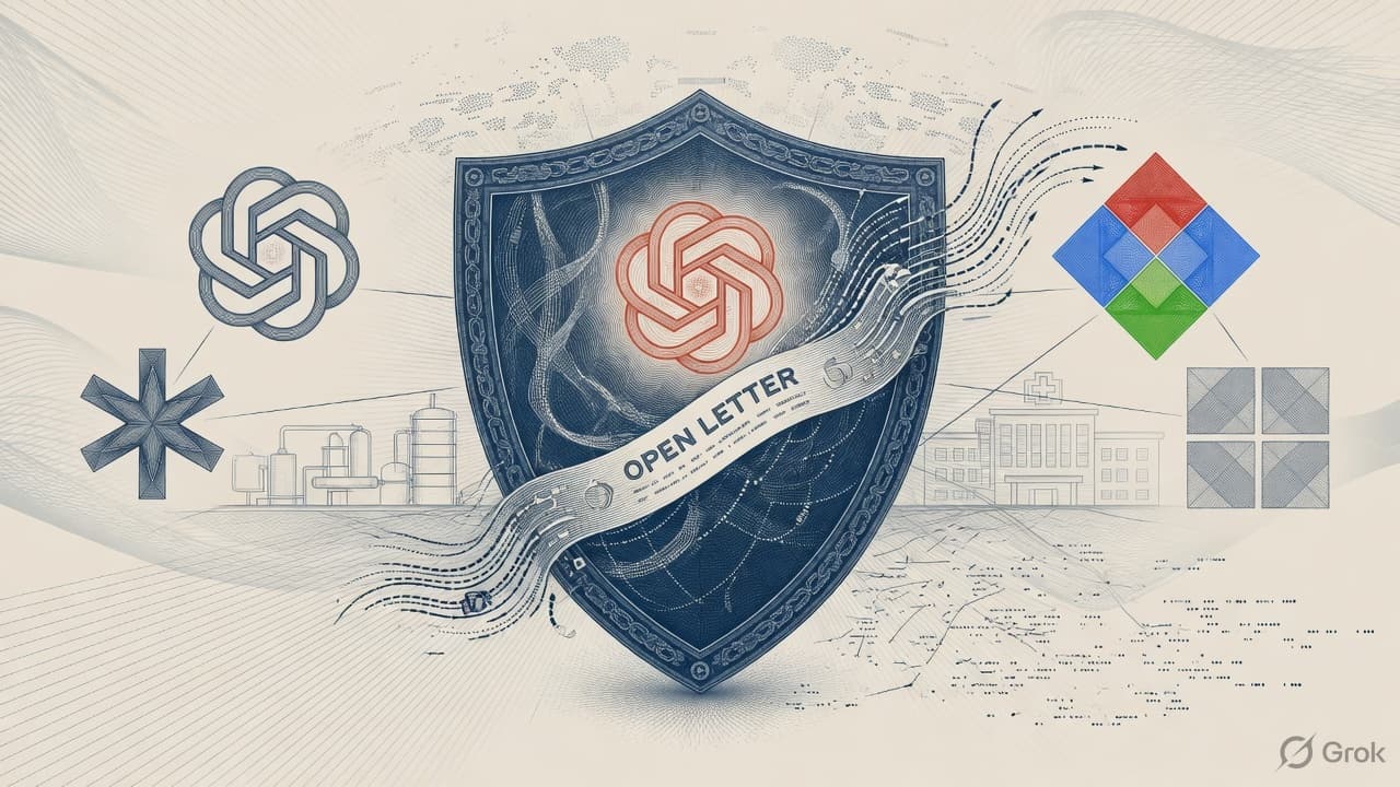 Engraved OpenAI, Anthropic, and Google marks over a hospital-and-water-plant plate, security-intaglio slate-crimson linework. No currency-note layout.