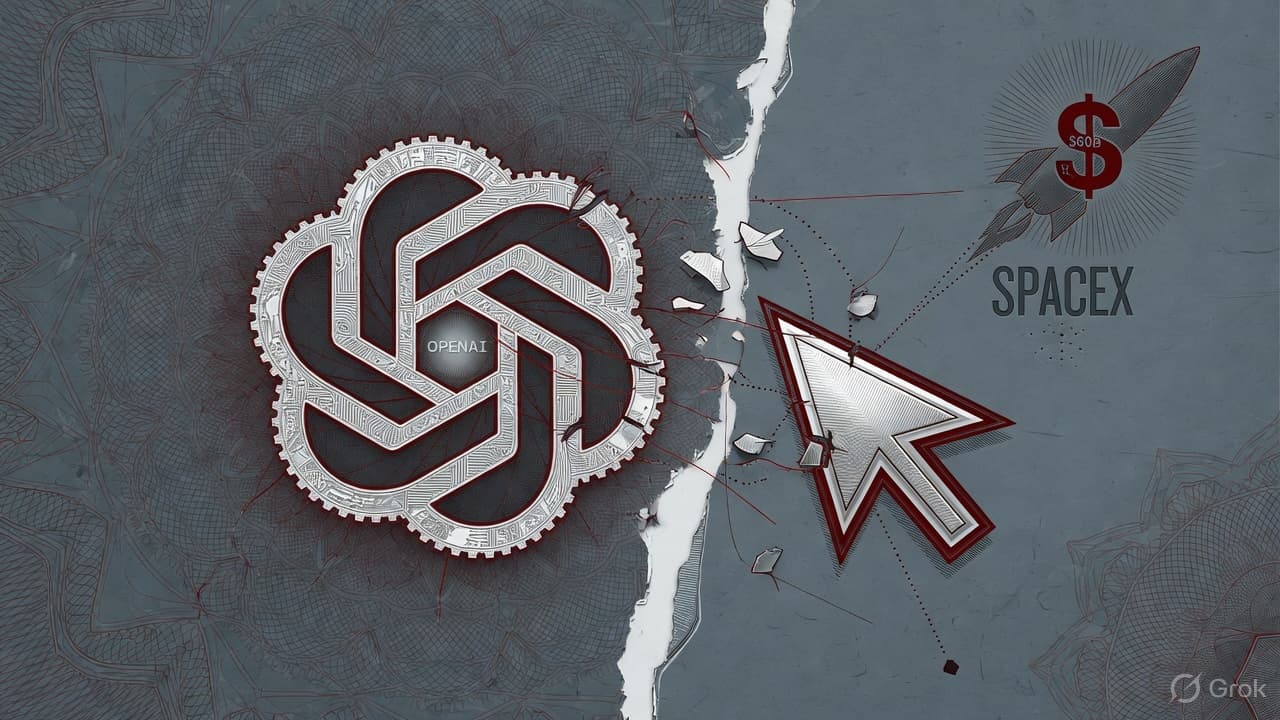 Engraved OpenAI blossom facing a Cursor chevron over a SpaceX mark, a cutoff plate between them, security-intaglio slate-crimson linework. No currency-note layout.