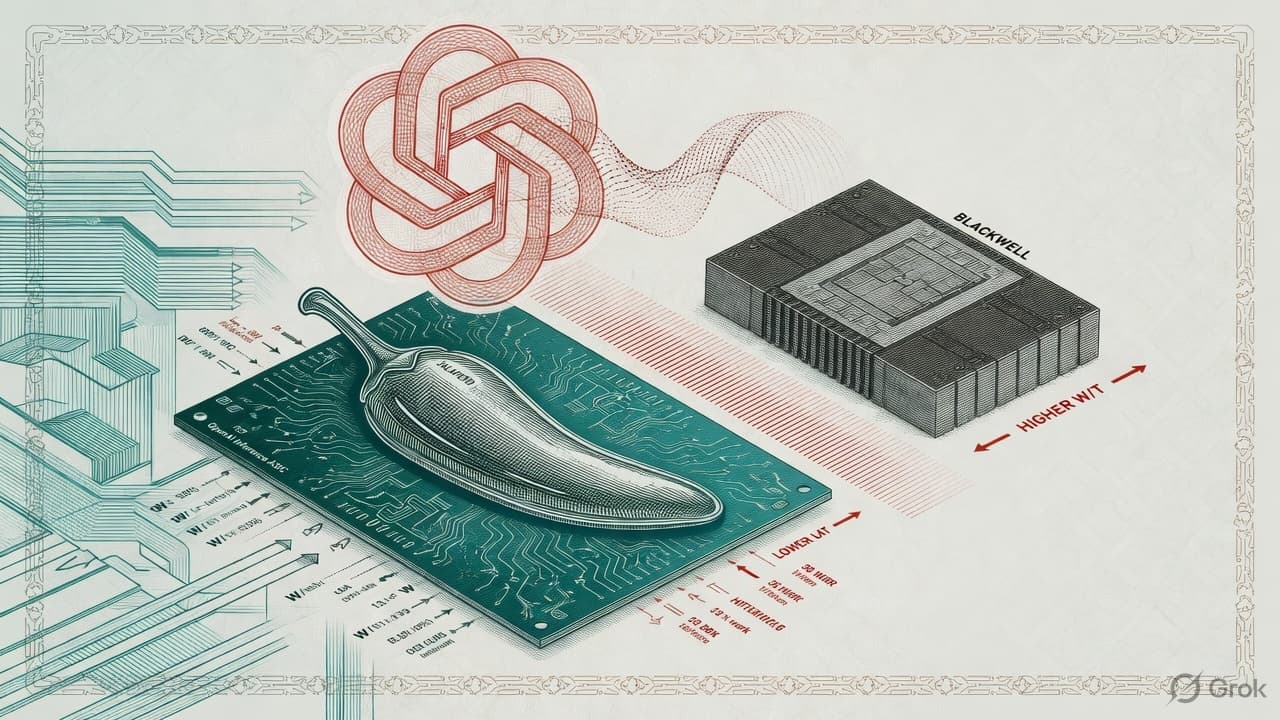 Engraved Jalapeño ASIC die on a teal board beside a Blackwell-scale power plate, security-intaglio copper-slate linework. No currency-note layout.