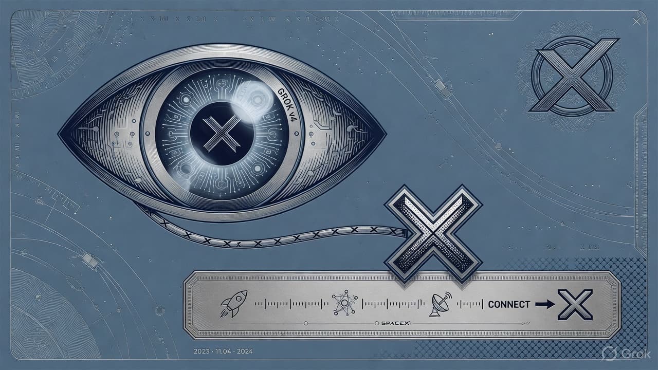 Engraved Grok Bot eyes over an X mark and a timeline-search plate, security-intaglio steel-blue linework. No currency-note layout.