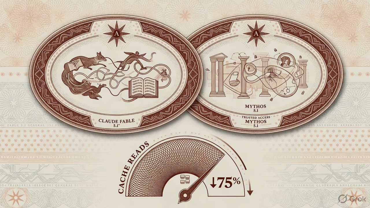Engraved Anthropic mark over dual Fable/Mythos plates and a $0.25 cache-read tag, security-intaglio terracotta linework. No currency-note layout.