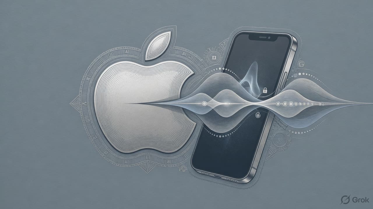 Engraved Apple mark over a Siri waveform and an iPhone silhouette, security-intaglio silver-slate linework. No currency-note layout.