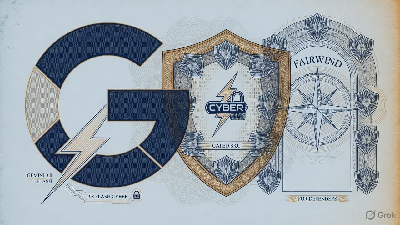 Engraved Google G over a Flash workhorse plate and a Fairwind cyber shield, security-intaglio blue-amber linework. No currency-note layout.