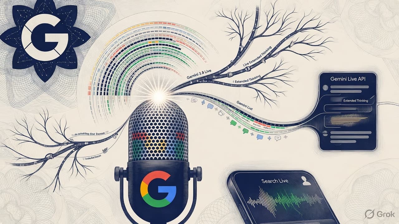 Engraved Google G and Gemini spark over a live speech waveform and a Search Live mic, security-intaglio blue-slate linework. No currency-note layout.